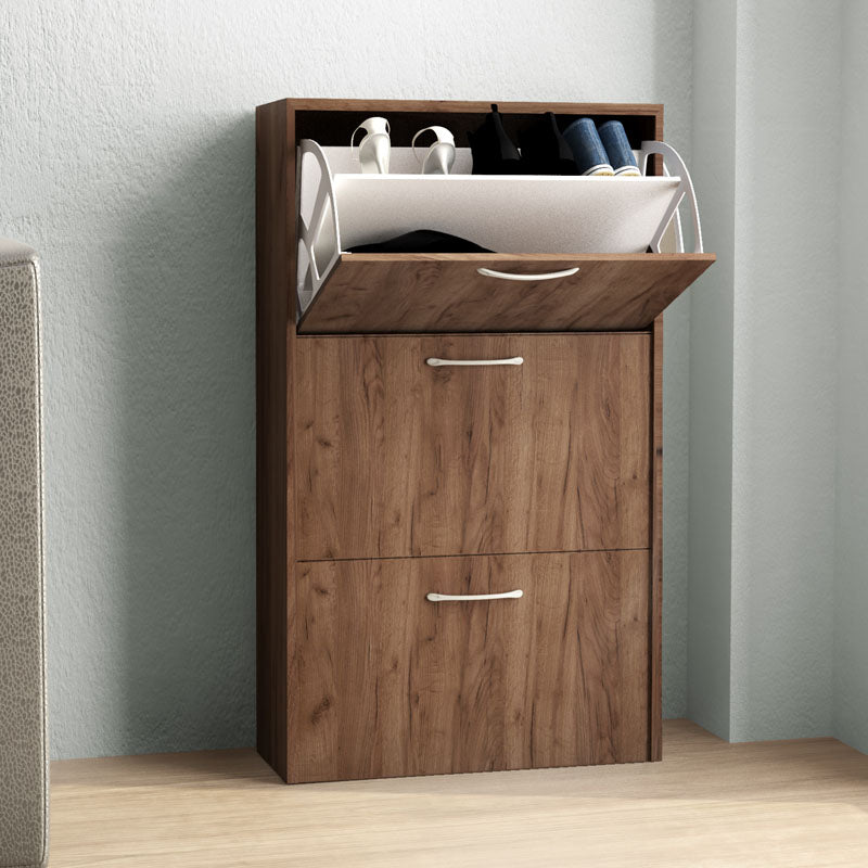 MONTREAL Shoe Rack in light walnut finish, holding 18 pairs of shoes, featuring three folding sheets for easy access.