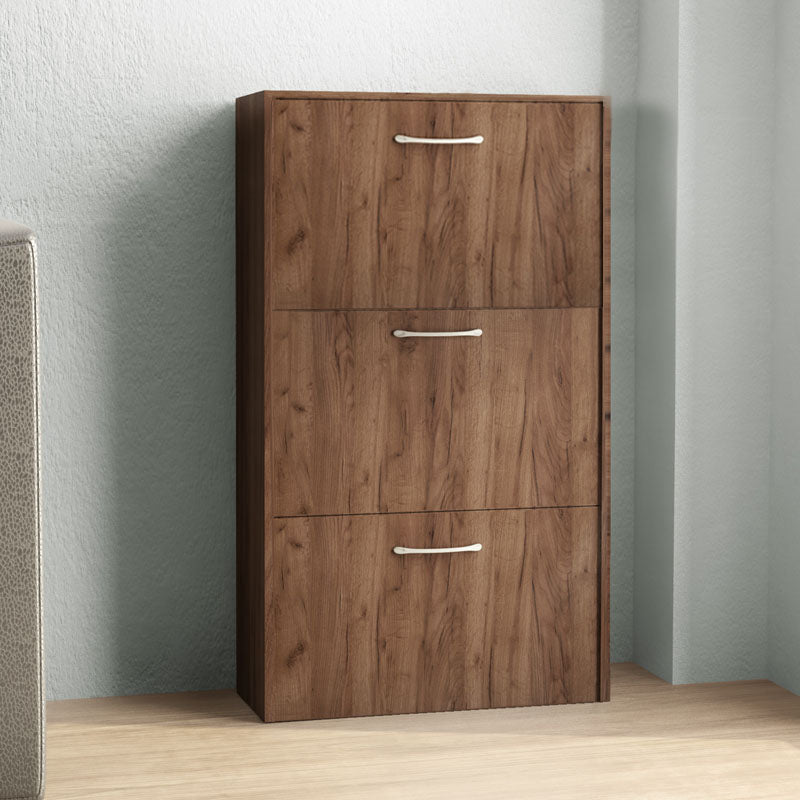 MONTREAL Shoe Rack in light walnut finish, holding 18 pairs of shoes, featuring three folding sheets for easy access.