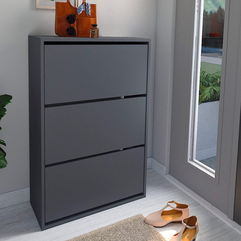 Anthracite shoe rack PARTIA holding 18 pairs of shoes, featuring a sleek design and durable melamine finish.