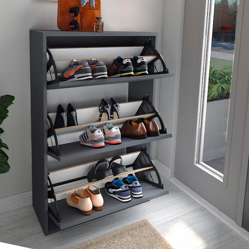 Anthracite shoe rack PARTIA holding 18 pairs of shoes, featuring a sleek design and durable melamine finish.