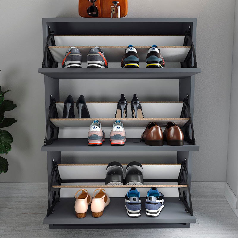 Anthracite shoe rack PARTIA holding 18 pairs of shoes, featuring a sleek design and durable melamine finish.