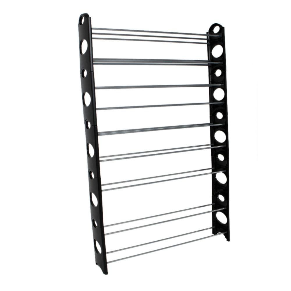 10-tier shoe rack shelf in black and silver, adjustable for 50 pairs of shoes, made of steel and plastic.