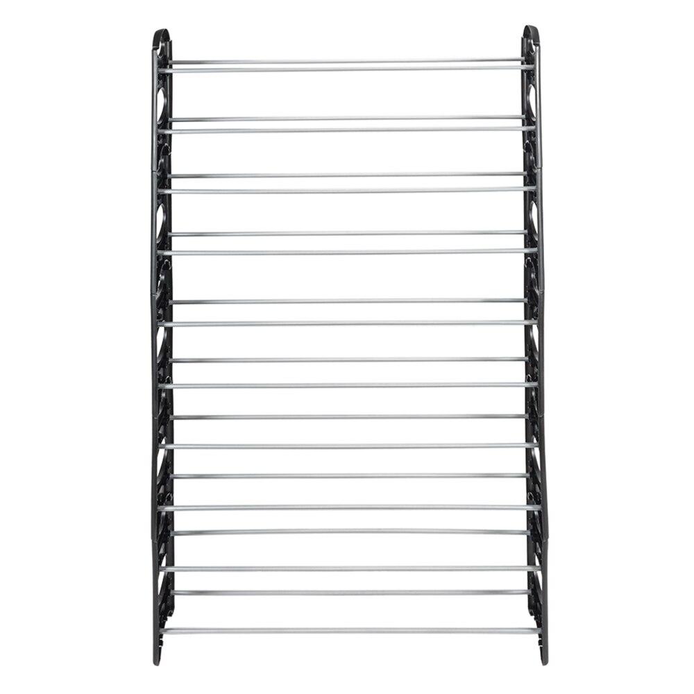 10-tier shoe rack shelf in black and silver, adjustable for 50 pairs of shoes, made of steel and plastic.