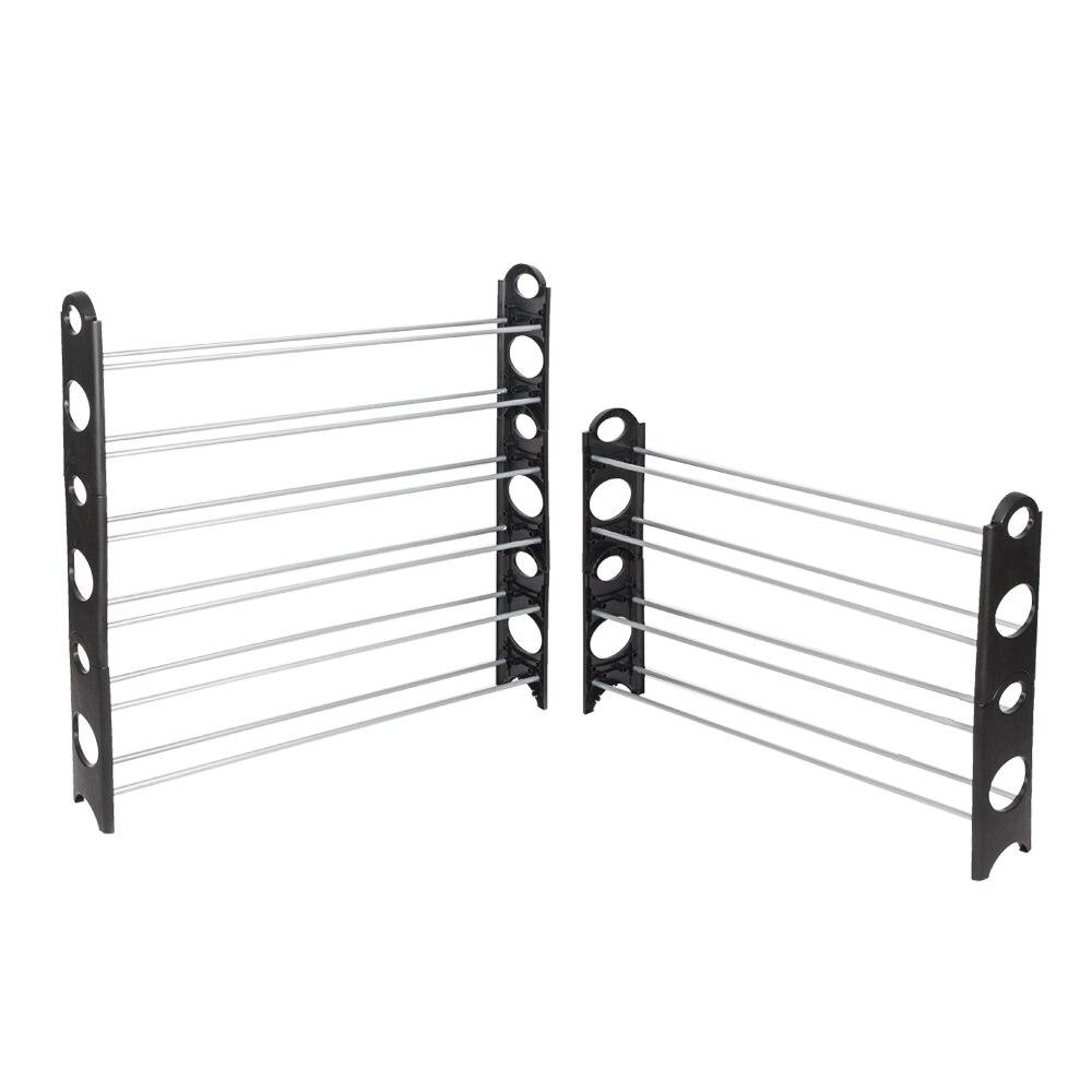 10-tier shoe rack shelf in black and silver, adjustable for 50 pairs of shoes, made of steel and plastic.