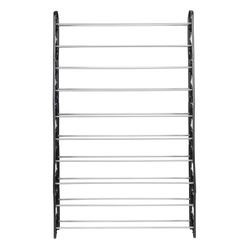 10-tier shoe rack shelf in black and silver, adjustable for 50 pairs of shoes, made of steel and plastic.