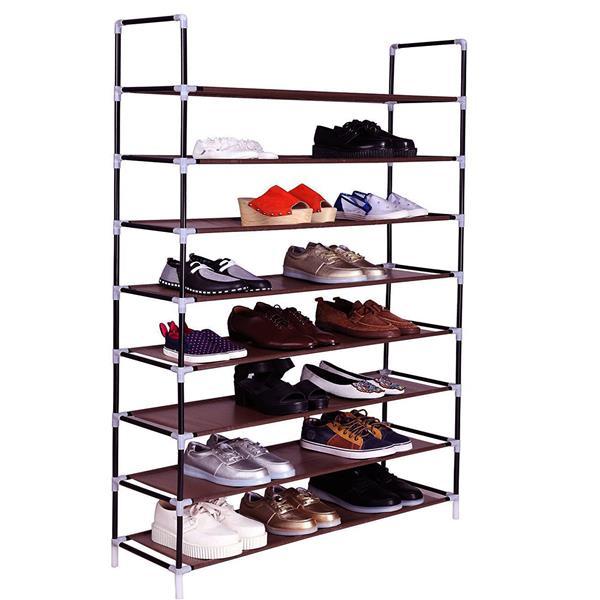 8-layer shoe rack shelf made of non-woven fabrics and steel, featuring a dark brown finish and ample storage capacity.