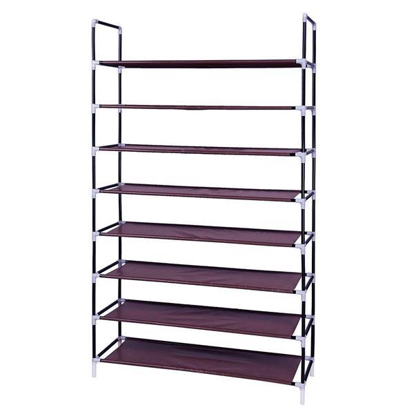 8-layer shoe rack shelf made of non-woven fabrics and steel, featuring a dark brown finish and ample storage capacity.