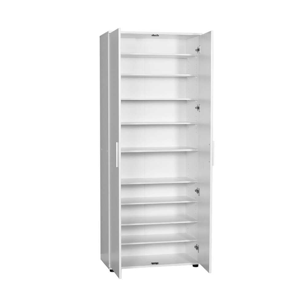 SIMION Shoe Rack in white, holding 40 pairs of shoes, featuring ten shelves and metal handles, dimensions 76x36x187 cm.