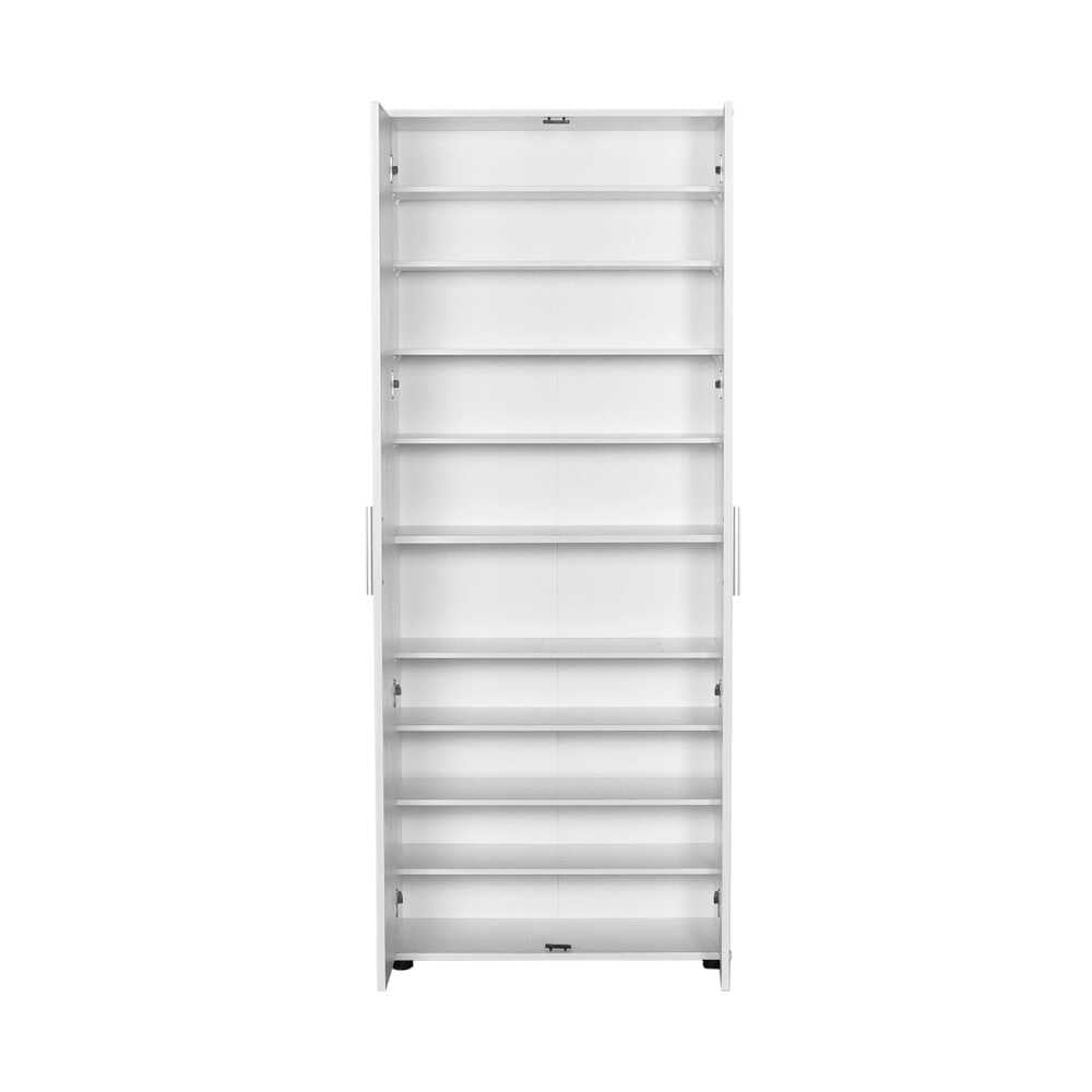 SIMION Shoe Rack in white, holding 40 pairs of shoes, featuring ten shelves and metal handles, dimensions 76x36x187 cm.