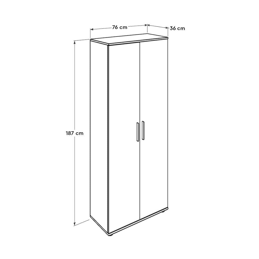 SIMION Shoe Rack in white, holding 40 pairs of shoes, featuring ten shelves and metal handles, dimensions 76x36x187 cm.