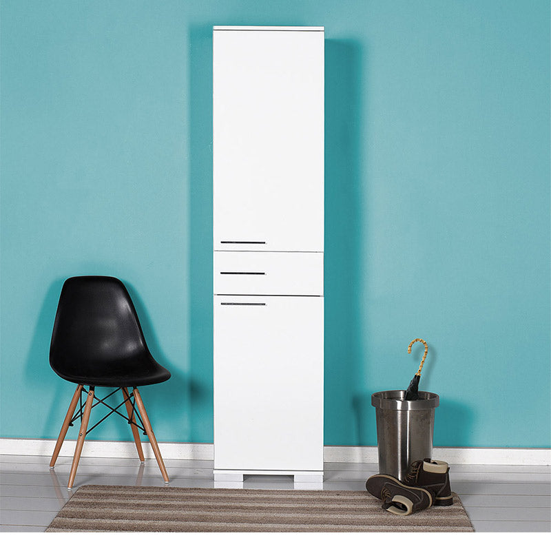 White SIMION shoe rack with six shelves and a middle drawer, dimensions 45x40x187 cm, ideal for shoe and bathroom storage.