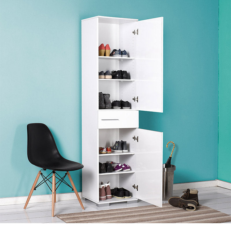 White SIMION shoe rack with six shelves and a middle drawer, dimensions 45x40x187 cm, ideal for shoe and bathroom storage.