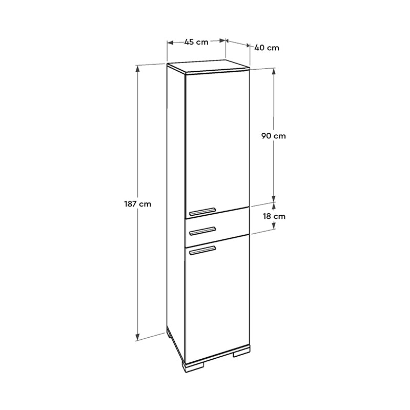 White SIMION shoe rack with six shelves and a middle drawer, dimensions 45x40x187 cm, ideal for shoe and bathroom storage.