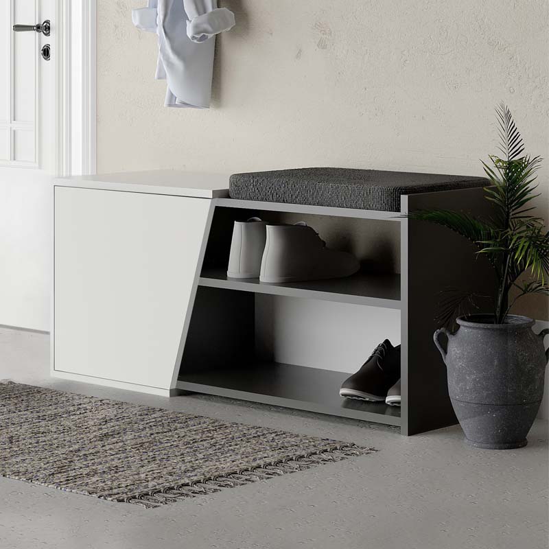 THERNA Shoe Rack in White-Anthracite with a comfortable seat cushion, dimensions 104x37x47 cm, showcasing modern design and quality melamine material.