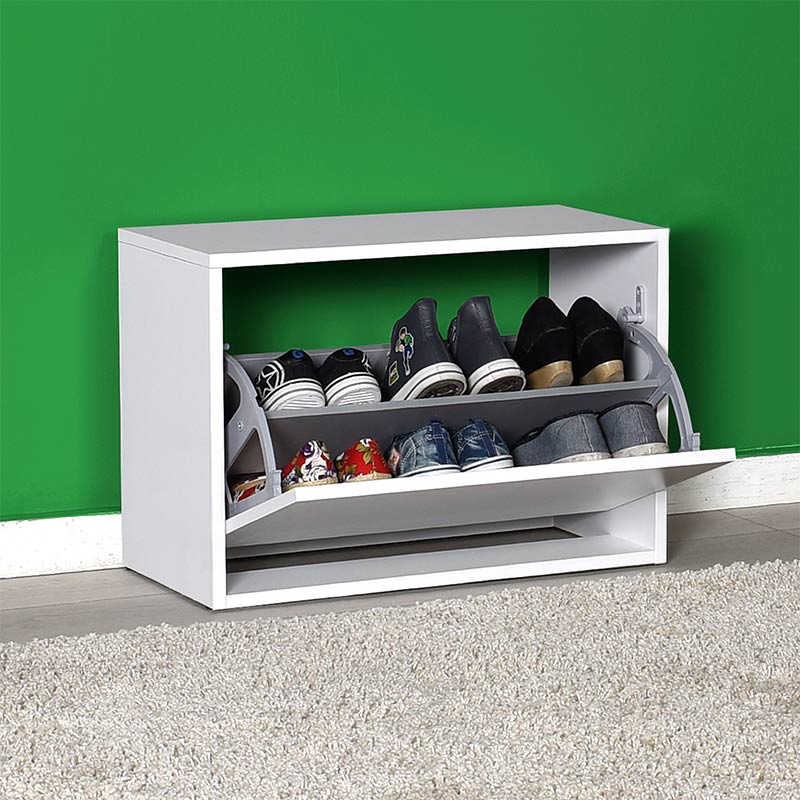 Shoe Rack THOMAS in white, featuring two tilting cabinets and space for 6 pairs of shoes, dimensions 60x30x42 cm.