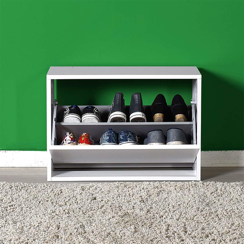 Shoe Rack THOMAS in white, featuring two tilting cabinets and space for 6 pairs of shoes, dimensions 60x30x42 cm.