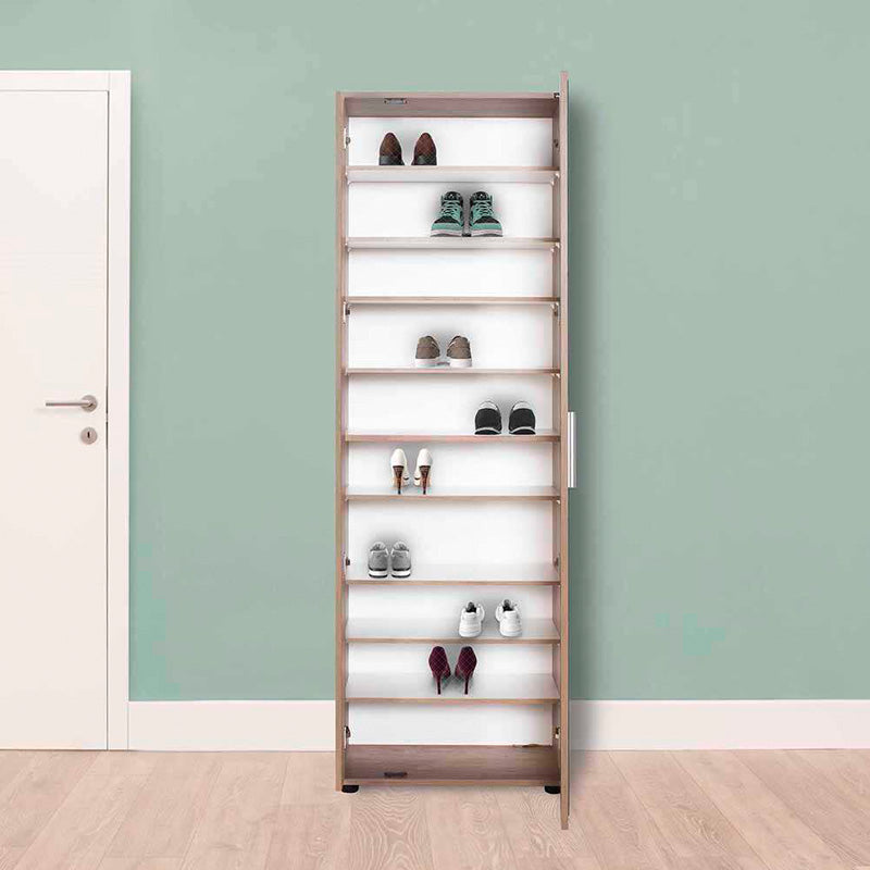 TONY Oak Shoe Rack with mirror, holding 30 pairs of shoes, featuring a sleek oak finish and modern design.