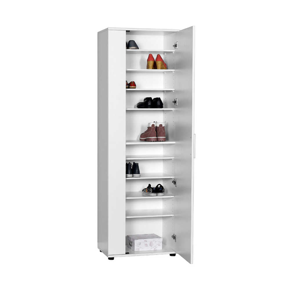 TONY Shoe Rack in white, featuring a large mirror and ten internal shelves, designed to hold up to 30 pairs of shoes.