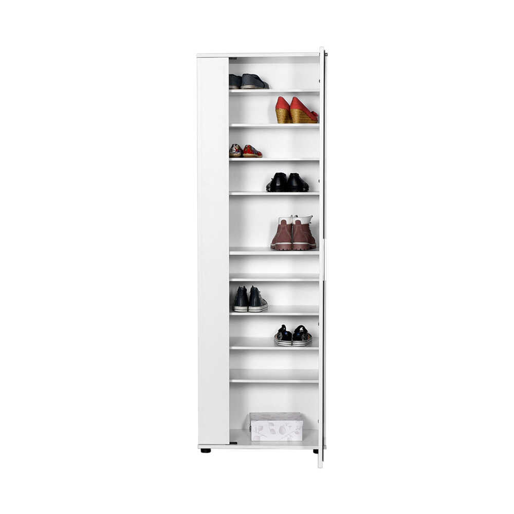 TONY Shoe Rack in white, featuring a large mirror and ten internal shelves, designed to hold up to 30 pairs of shoes.