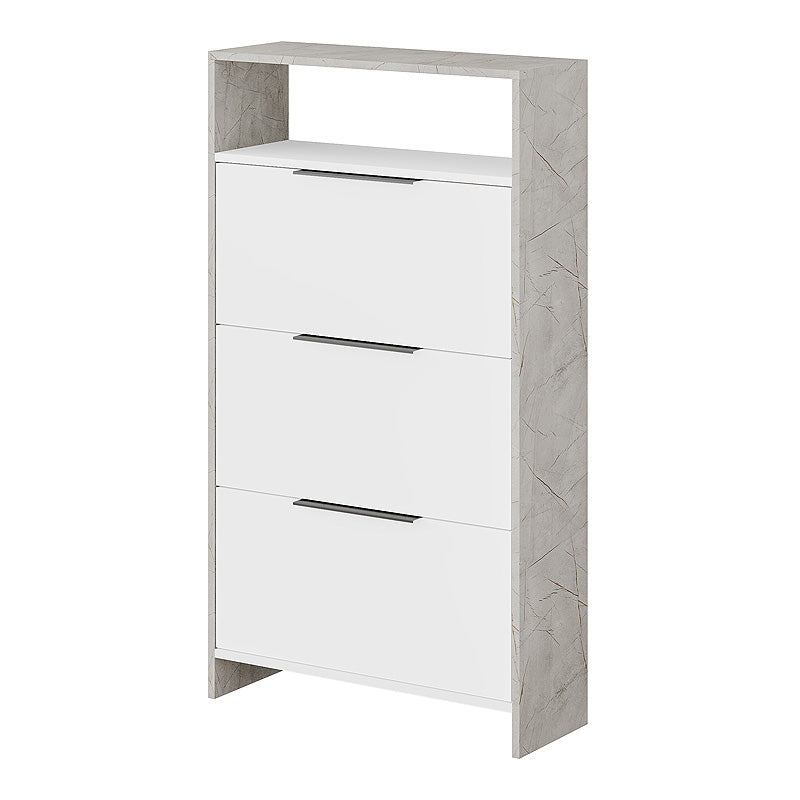 TORFU Shoe Rack in white and grey, dimensions 78x28x139cm, showcasing a modern design suitable for home and office use.