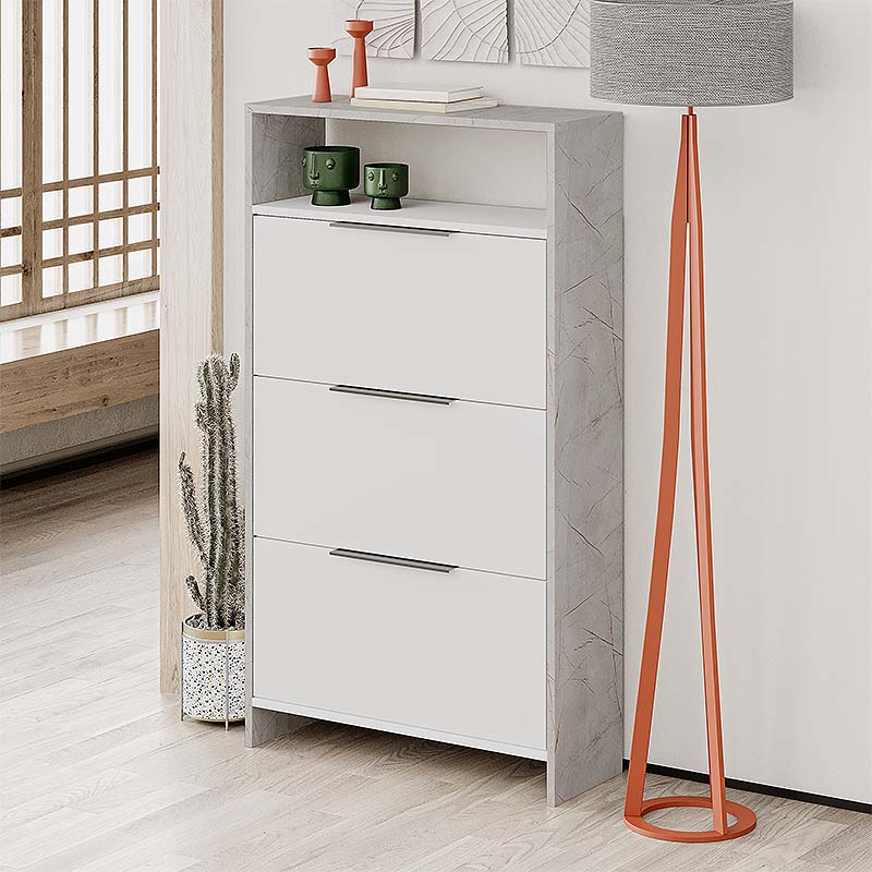 TORFU Shoe Rack in white and grey, dimensions 78x28x139cm, showcasing a modern design suitable for home and office use.