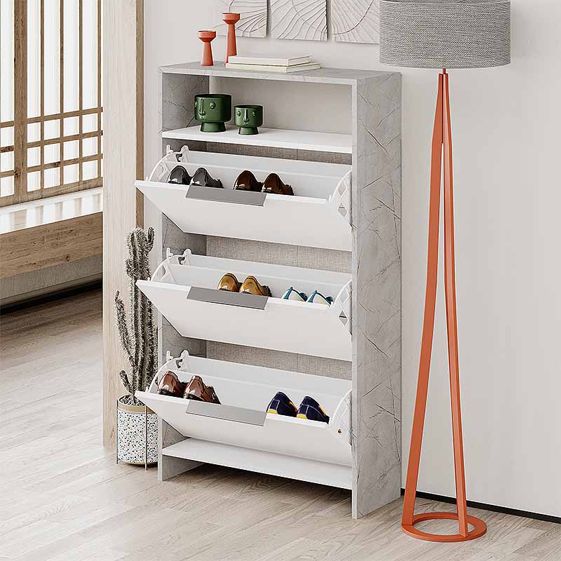 TORFU Shoe Rack in white and grey, dimensions 78x28x139cm, showcasing a modern design suitable for home and office use.