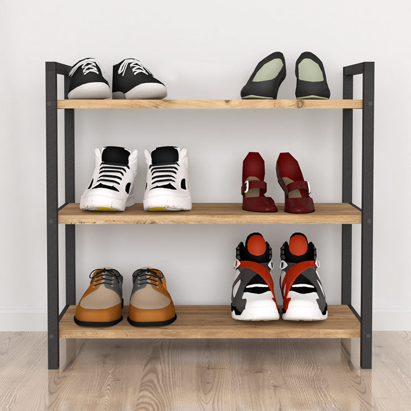 Shoe Rack UTILE in black and oak finish, designed to hold 9 pairs of shoes with three shelves.