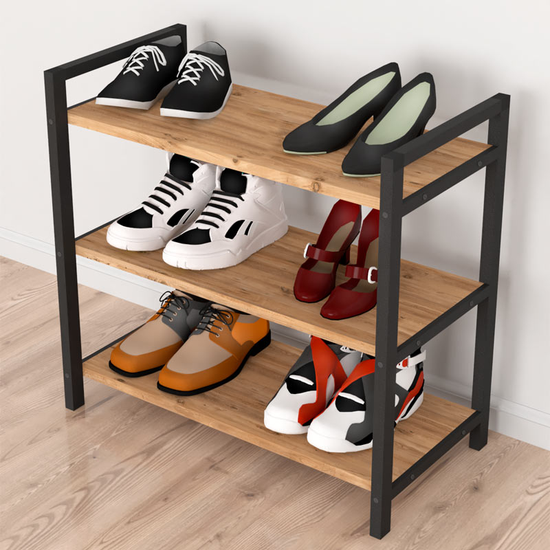 Shoe Rack UTILE in black and oak finish, designed to hold 9 pairs of shoes with three shelves.