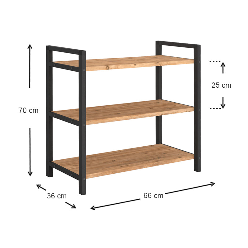 Shoe Rack UTILE in black and oak finish, designed to hold 9 pairs of shoes with three shelves.