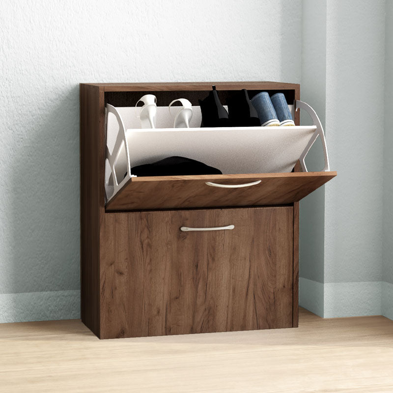 ZOE Shoe Rack in light walnut finish, holding 12 pairs of shoes, featuring two folding sheets for easy access.