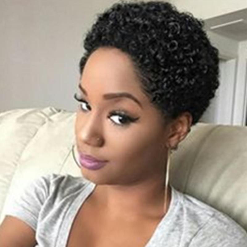 Short Afro Curly Wig made from 100% human Brazilian hair, featuring natural color and stylish curls, perfect for women.