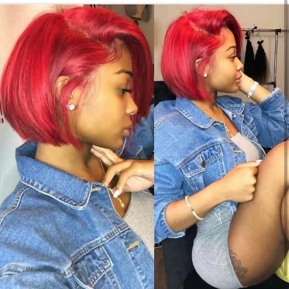 Short Bob Red Straight Lace Front Human Hair Wig with a preplucked hairline, showcasing its vibrant color and sleek design.