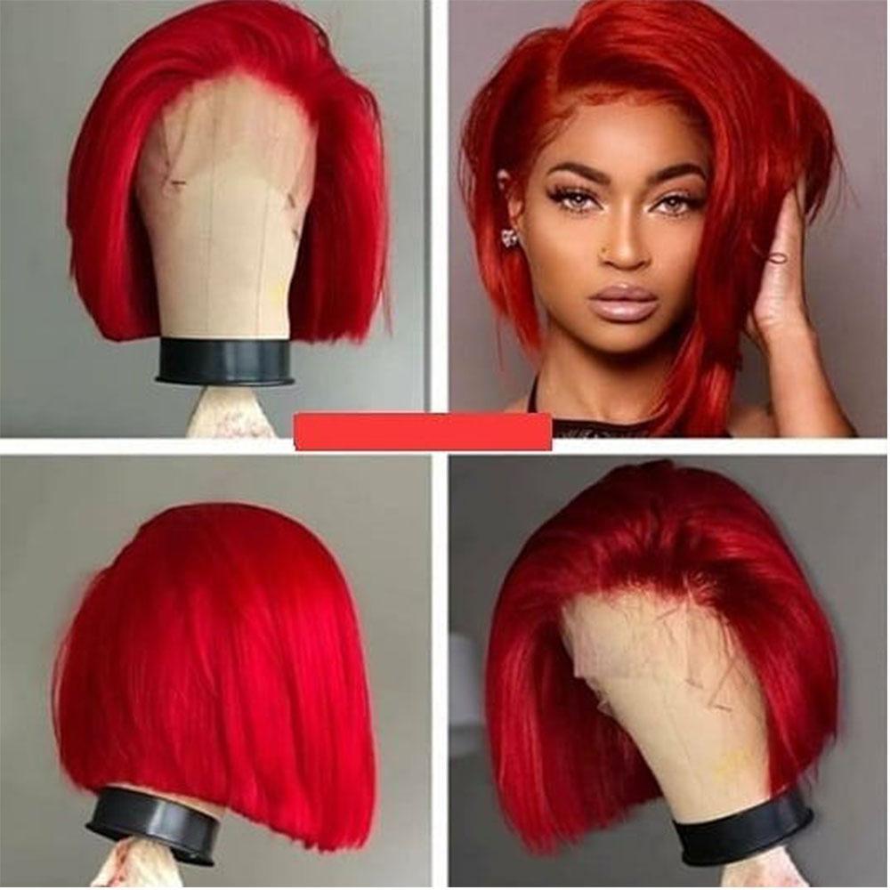 Short Bob Red Straight Lace Front Human Hair Wig with a preplucked hairline, showcasing its vibrant color and sleek design.