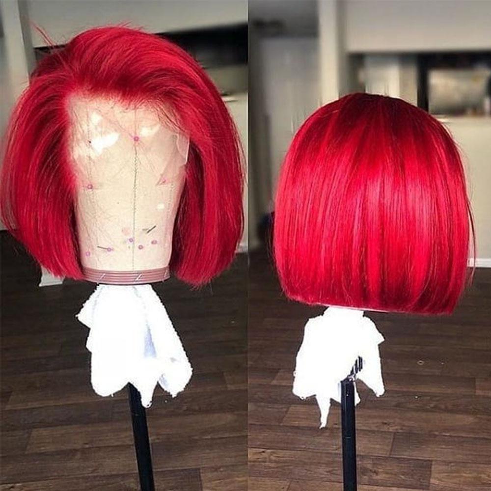 Short Bob Red Straight Lace Front Human Hair Wig with a preplucked hairline, showcasing its vibrant color and sleek design.