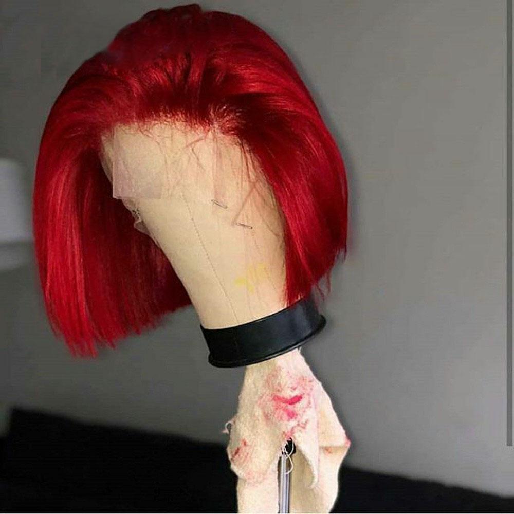 Short Bob Red Straight Lace Front Human Hair Wig with a preplucked hairline, showcasing its vibrant color and sleek design.