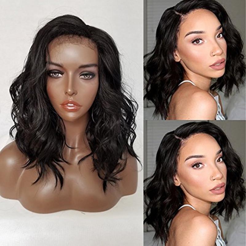 Short bob wavy lace front wig in natural black color, featuring body wave texture and baby hair for a realistic look.