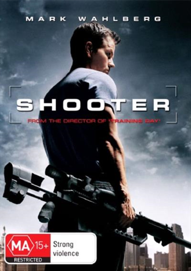 Shooter DVD cover featuring Mark Wahlberg in an action pose, showcasing intense drama and suspense.