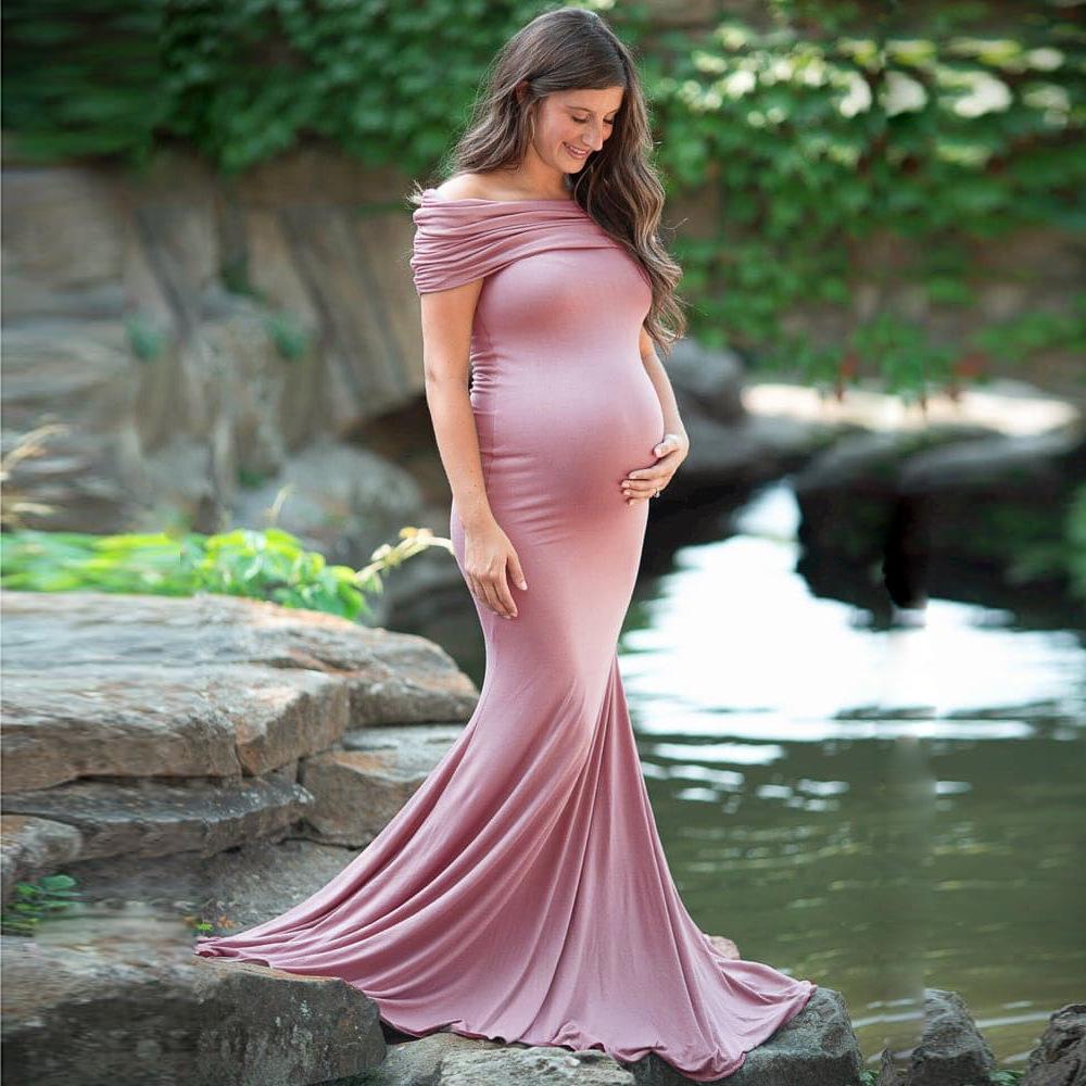 Shoulderless Maternity Dress in light blue, perfect for photography props during pregnancy, showcasing a long, elegant design.