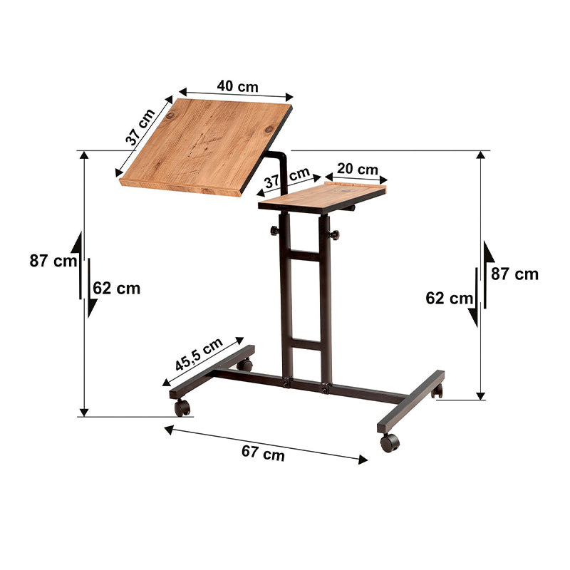 Side Table BERLIN in atlantic pine finish with adjustable height and wheels for mobility, suitable for various uses.