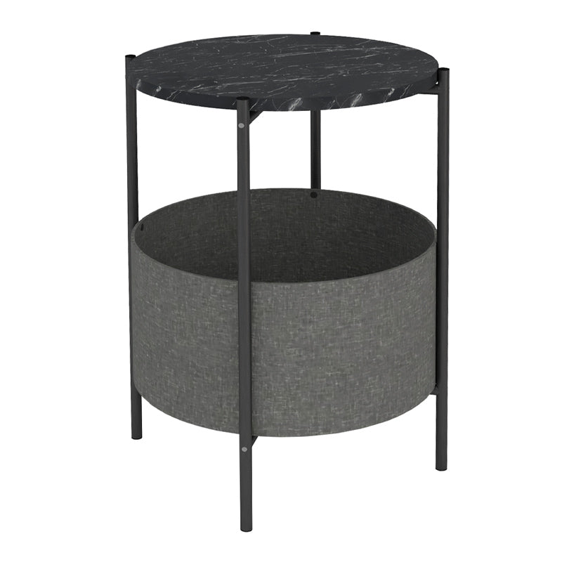 ROUND Side Table with Black Marble Effect in Grey, featuring a removable fabric storage compartment and sturdy metal construction.