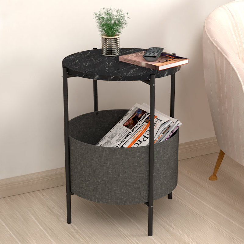 ROUND Side Table with Black Marble Effect in Grey, featuring a removable fabric storage compartment and sturdy metal construction.