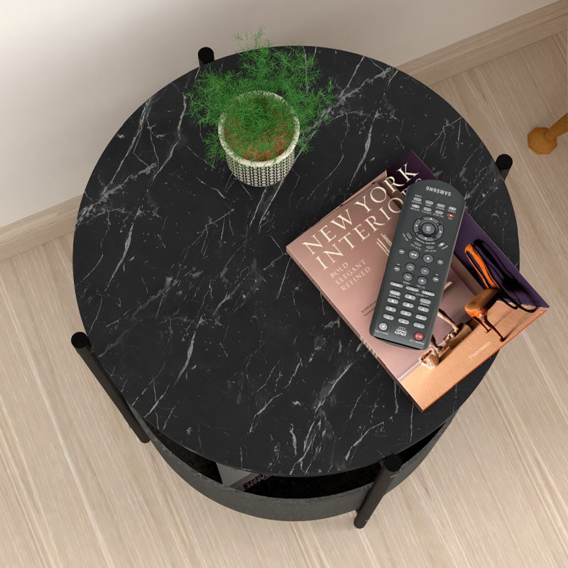 ROUND Side Table with Black Marble Effect in Grey, featuring a removable fabric storage compartment and sturdy metal construction.