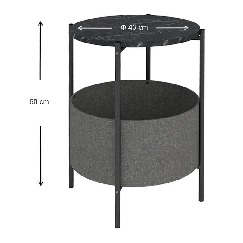 ROUND Side Table with Black Marble Effect in Grey, featuring a removable fabric storage compartment and sturdy metal construction.