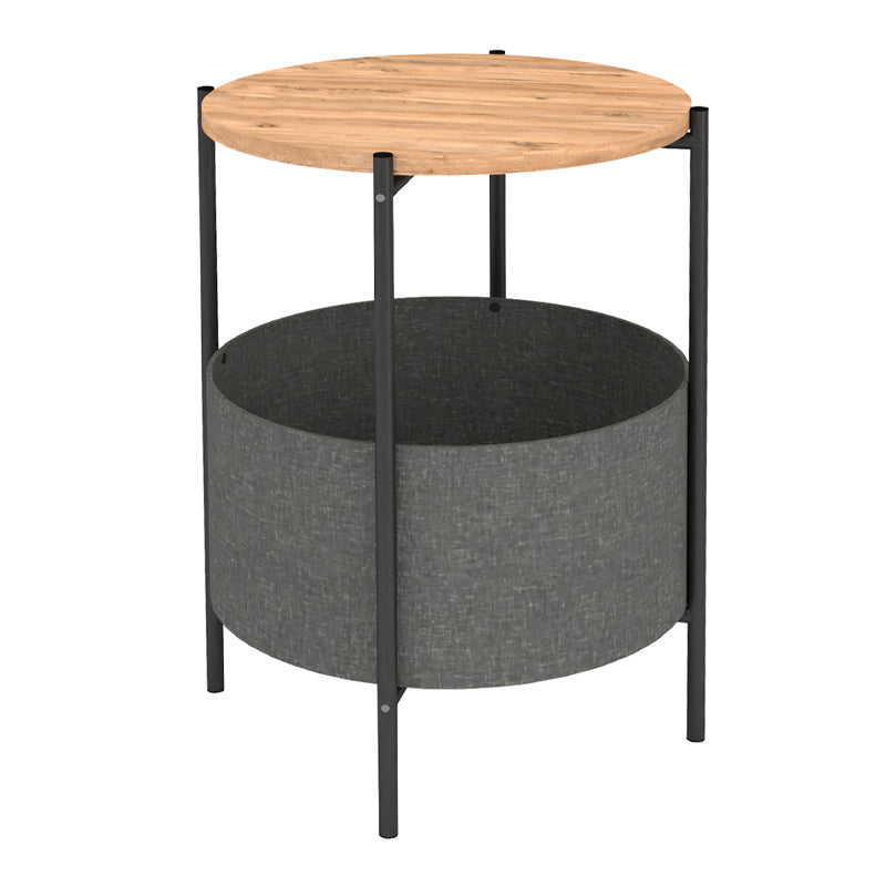 ROUND Pine Oak Side Table in Grey, featuring a removable fabric storage compartment and stylish design.