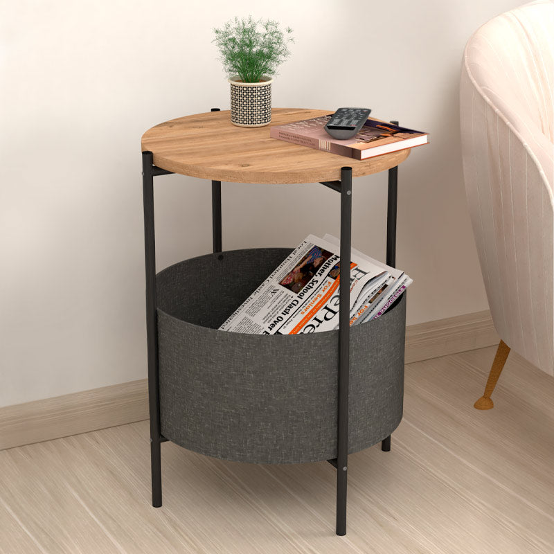 ROUND Pine Oak Side Table in Grey, featuring a removable fabric storage compartment and stylish design.