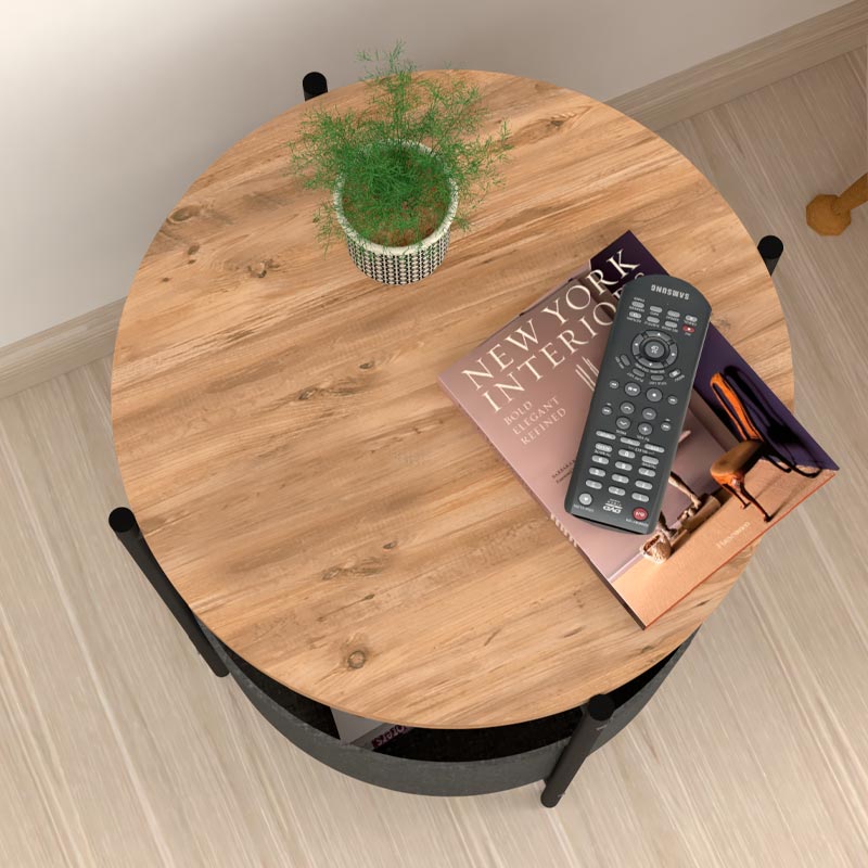 ROUND Pine Oak Side Table in Grey, featuring a removable fabric storage compartment and stylish design.