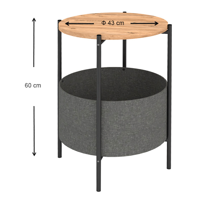 ROUND Pine Oak Side Table in Grey, featuring a removable fabric storage compartment and stylish design.