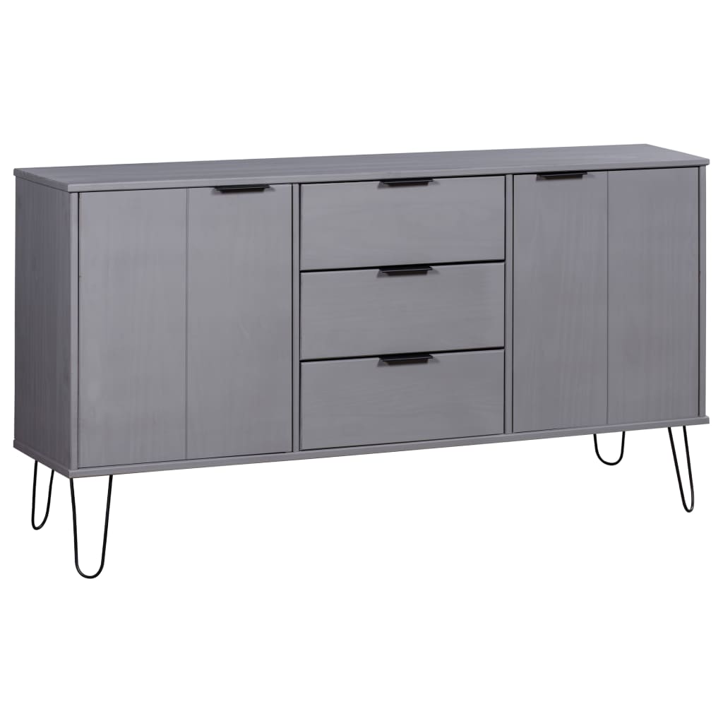 Gray sideboard with drawers and cabinets.