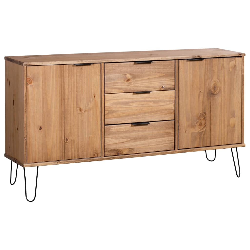 Wooden sideboard with metal legs.