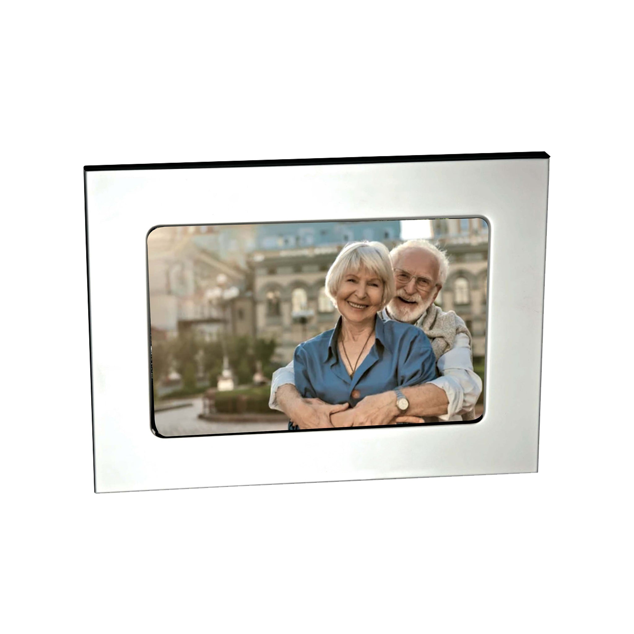 Silhouette Photo Frame in bright metal, displaying a 4x6 photo with a black flocked cloth backing and a 2-way easel for versatile display.